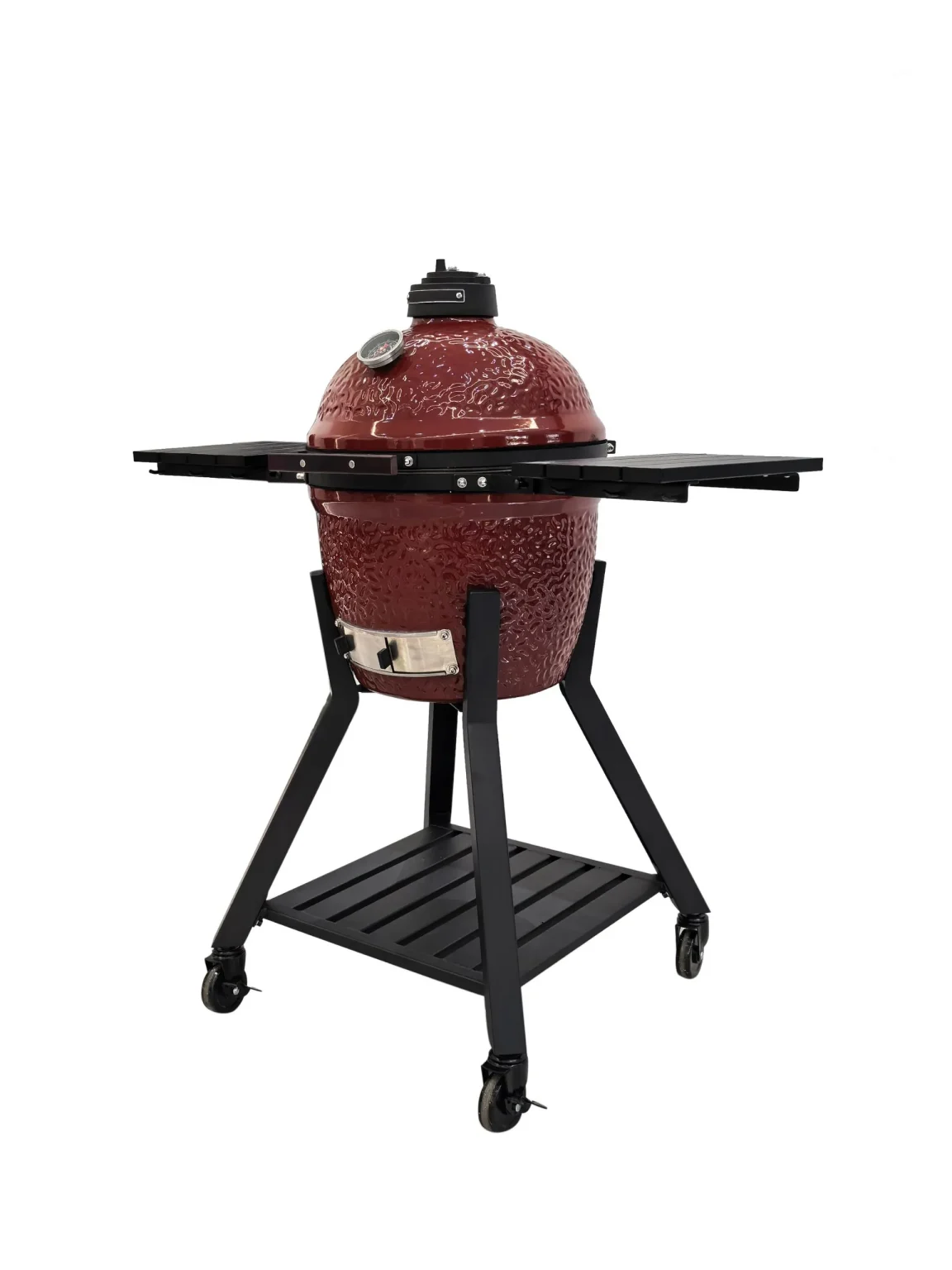 Nordic-Fire Kamado Grill MK 16 PRO: röd keramik, svart stativ, vikbara brickor, hjul.