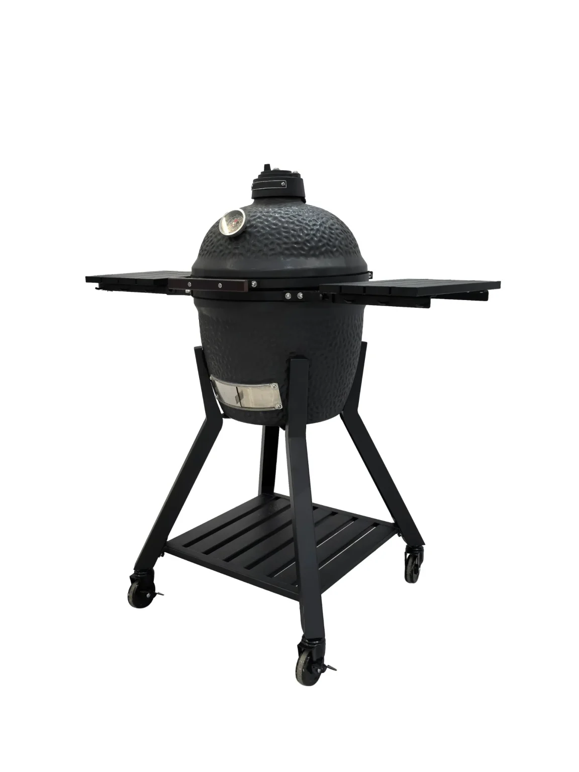 Nordic-Fire Kamado Grill MK 16 PRO, svart keramik med sidohyllor och hjul.