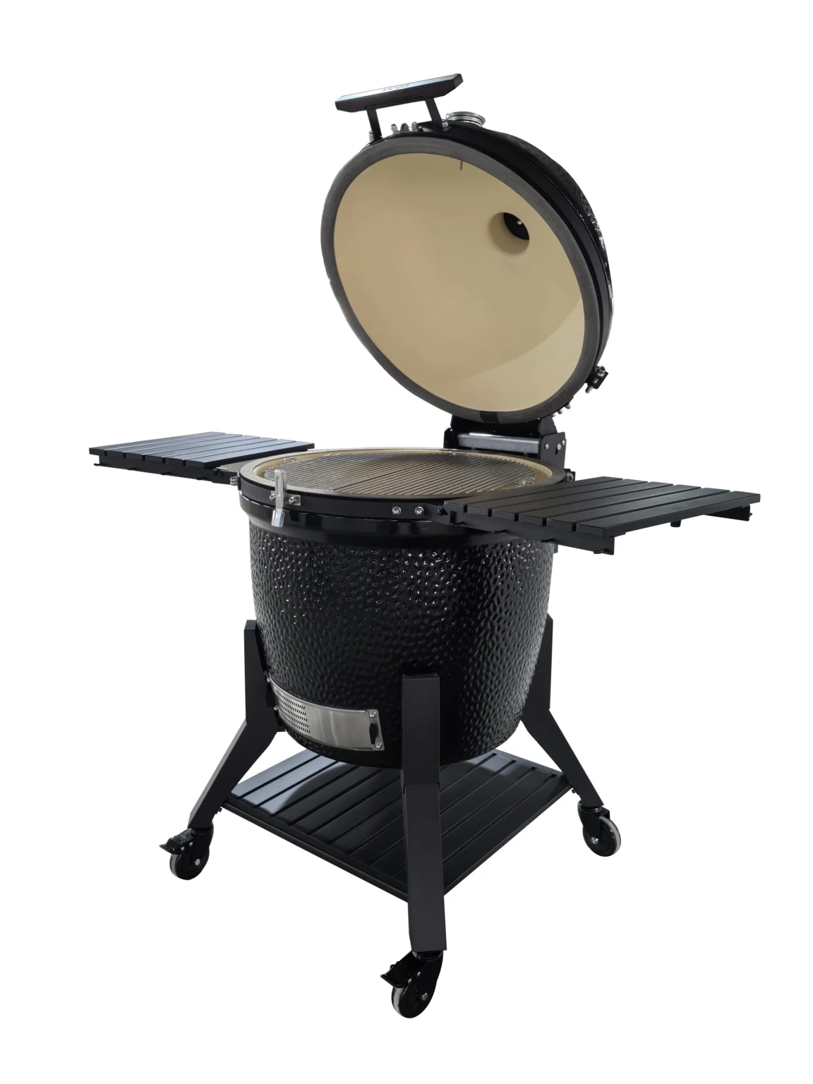 Kamadogrill i svart keramik med öppet lock och fällbara sidohyllor på hjul.