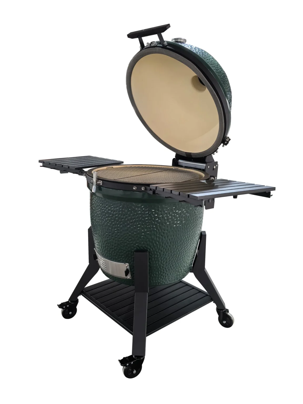 Grön keramisk kamadogrill med öppet lock, sidohyllor och svart hjulställ.