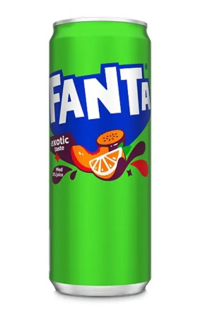 En grön 33cl burk Fanta Exotic med fruktillustrationer på framsidan.