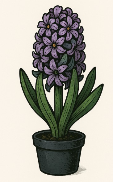 Blomma Hyacint: krukodlad lila hyacint med gröna blad i svart kruka.