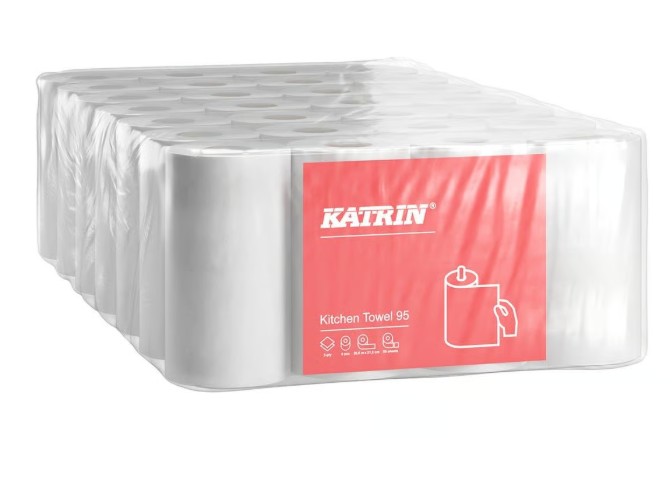 Hushållspapper Katrin 28st kökshandduksrullar i genomskinlig plast med röd frontetikett.