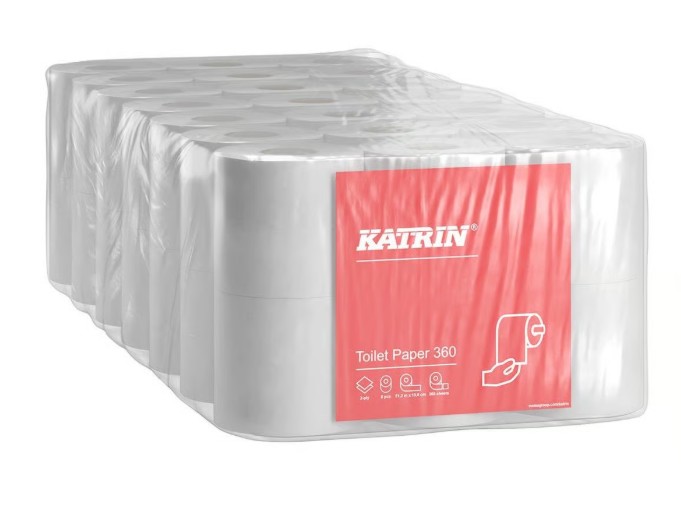 Toalettpapper Katrin basic, 42 rullar, förpackade i klar plast med röd etikett på framsidan.