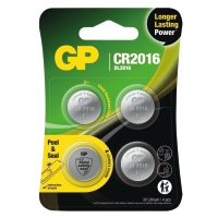 Fyra-pack KNAPPCELLSBATTERI CR2016 knappcellsbatterier i grön och gul förpackning.