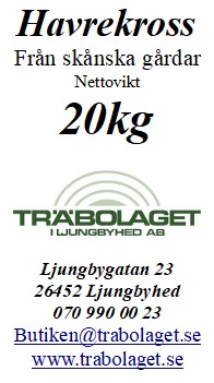 Etikett för Havrekross 20 kg Träbolaget, Ljungbyhed, Sverige, med kontaktuppgifter.