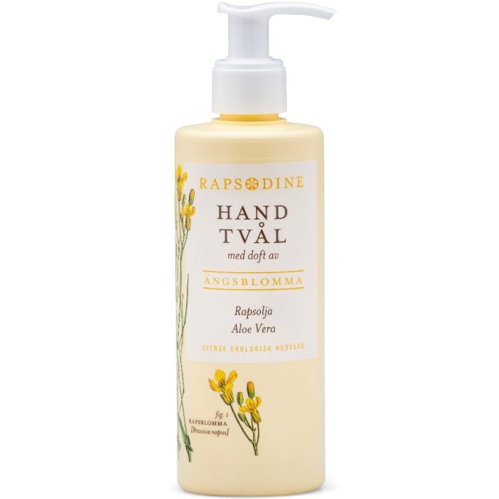 Gul flaska med Rapsodine Handtvål 500ml med pump, blommönster och svensk etikett.