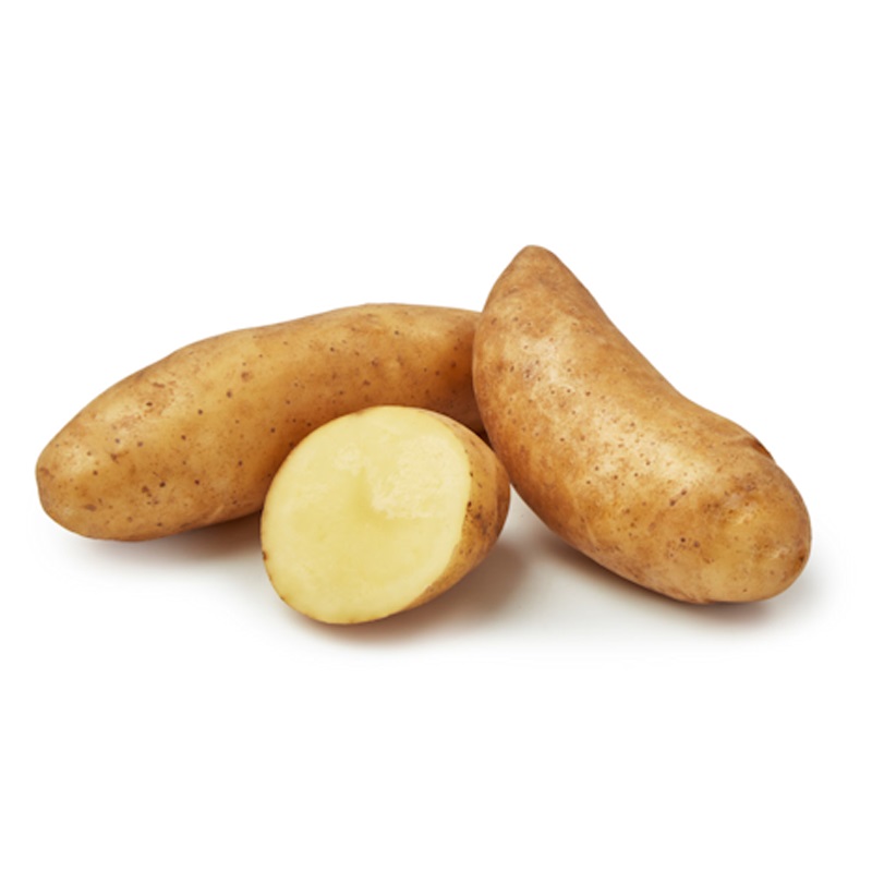 Sättpotatis SPARRISPOTATIS 1kg-tre fingerling potatisar, en skuren för att visa insidan.