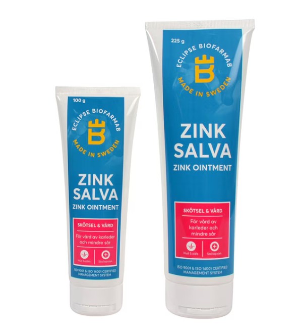 Två tuber med Zinksalva-salva, en liten och en stor.