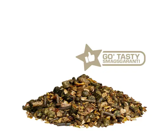 Amequ GO' Grand Old 15 kg med en Go Tasty Smagsgaranti-etikett ovanför djurfoder.