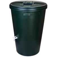 REGNTUNNA 200L grön plasttunna med lock och vit pip i botten.